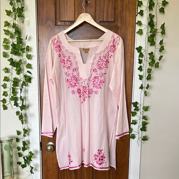 April Cornell Tops - APRIL CORNELL Embroidered Pink Floral Kaftan Tunic Top Dress Swim Cover | XL